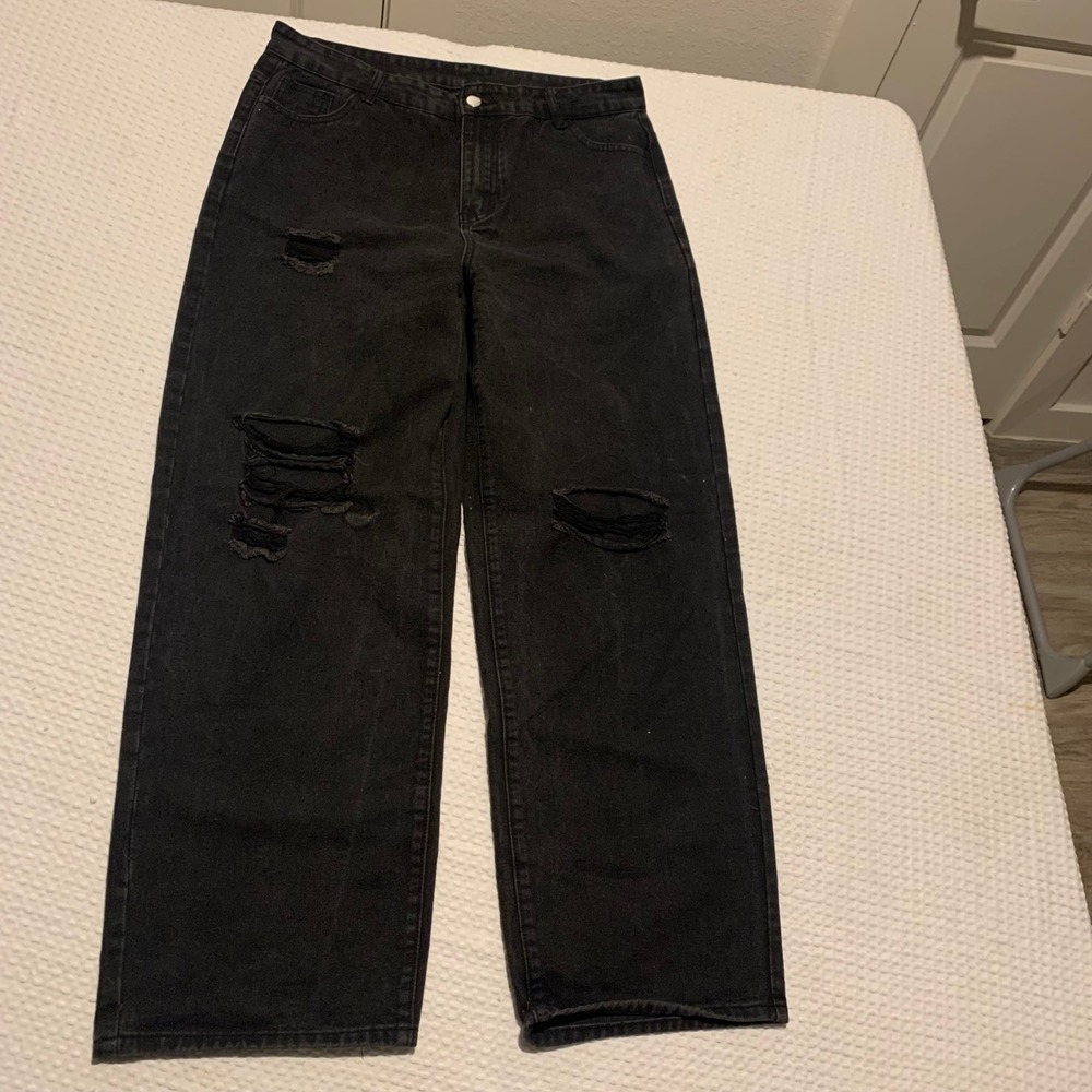 Mens Distressed Wide Leg Jeans Black Faded Relaxed Fit XL Streetwear Denim